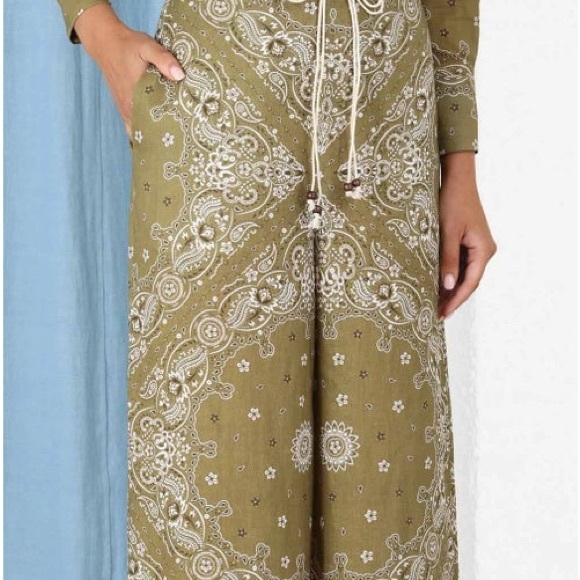 Zimmermann Linen Wide Leg Pants Olive Bandana - Picture 4 of 10